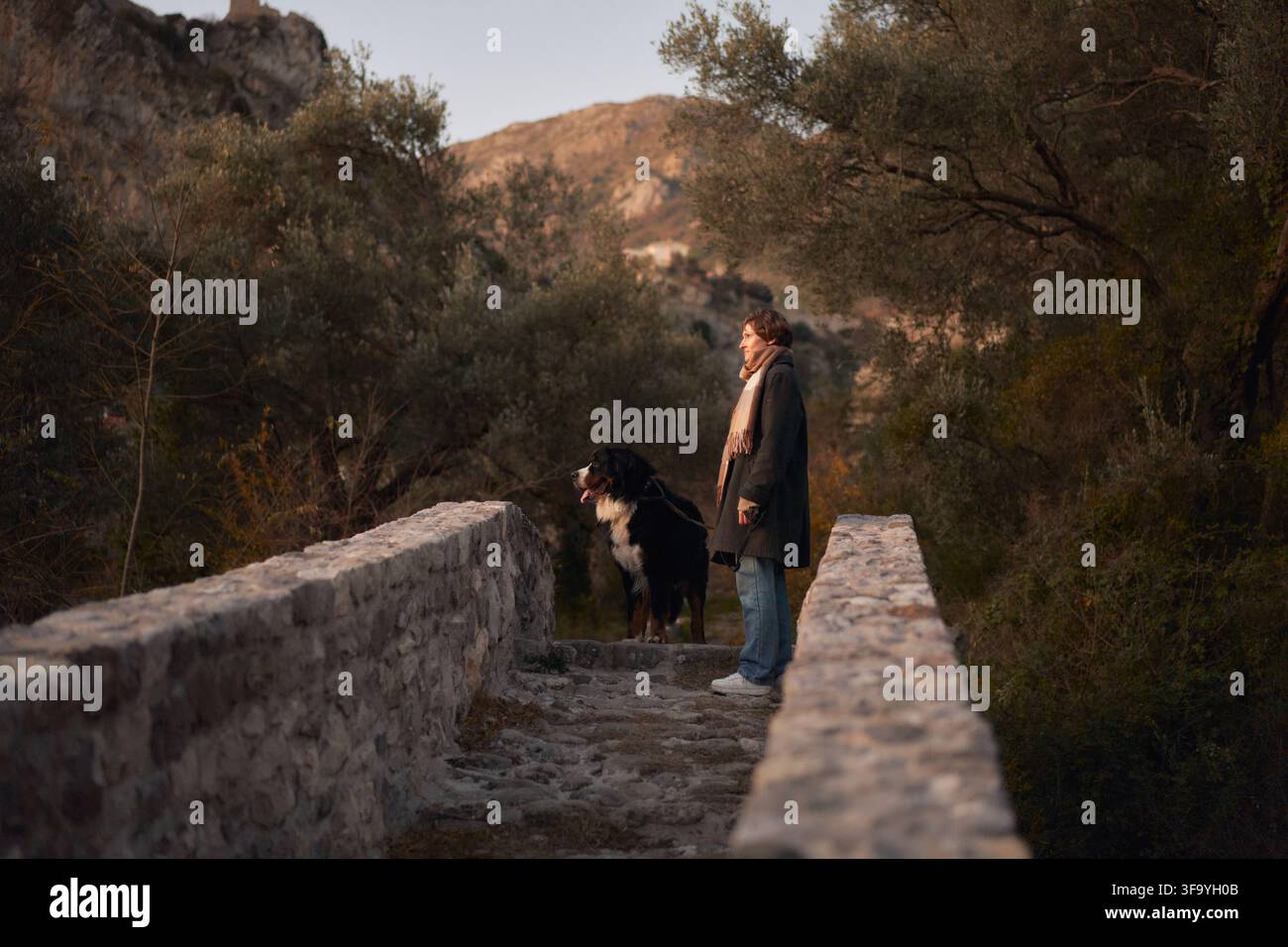 Frau und Berner Sennenhund stehen gemeinsam auf einer alten Steinbrücke während einer Herbstwanderung. Berglandschaft und warme saisonale Vegetation schaffen eine Stockfoto
