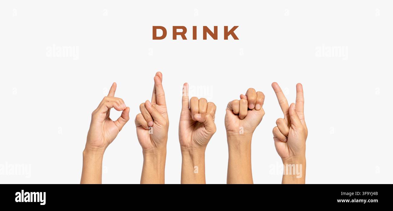 Gehörlosen-Alphabet-Buchstabe "Trinken" mit der Hand. Der Buchstabe "Trinken" in Gebärdensprache, isoliert auf weißem Hintergrund. Die Hände der Menschen waren nach oben gehoben Stockfoto