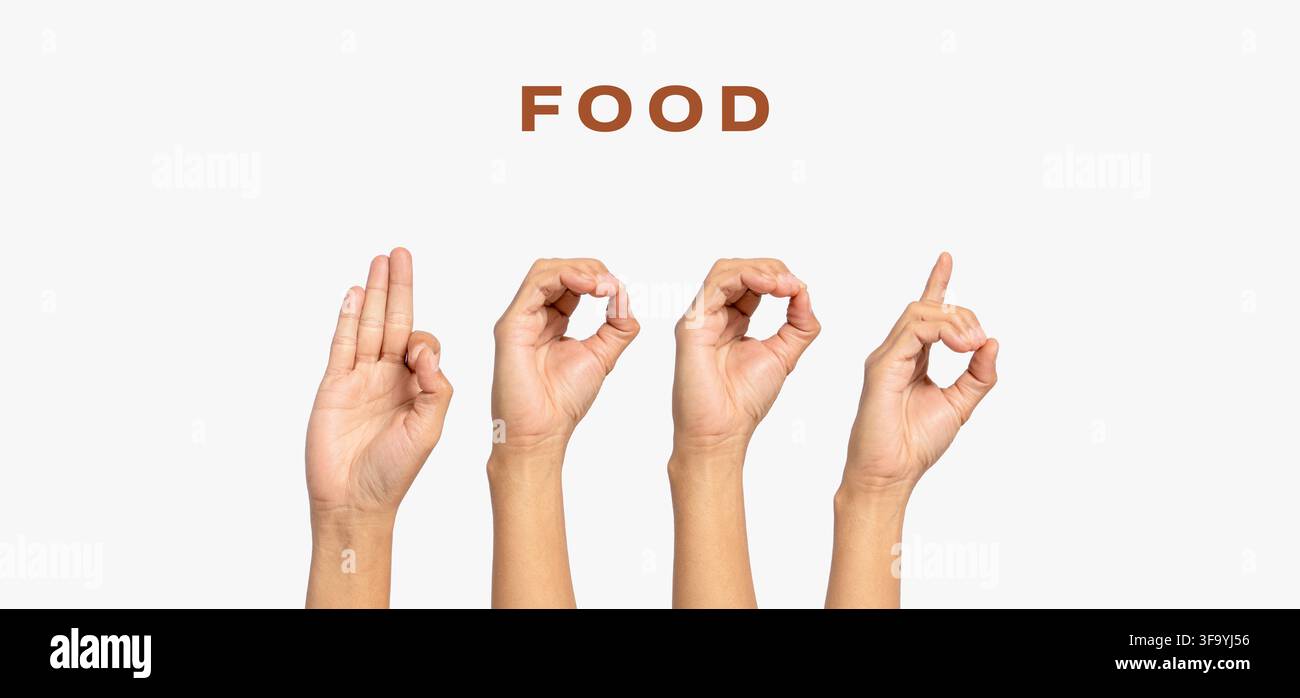Gehörlosenalphabet-Buchstabe „Essen“ mit der Hand. Der Buchstabe „Essen“ in Gebärdensprache, isoliert auf weißem Hintergrund. Die Hände der Menschen wurden nach oben gestreckt Stockfoto