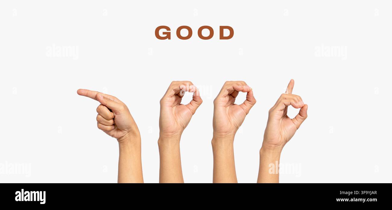 Gehörloses Alphabet-Buchstabe "Gut" mit der Hand. Der Buchstabe "Gut" in Gebärdensprache, isoliert auf weißem Hintergrund. Handbewegungen. Hörstörungen. Stockfoto