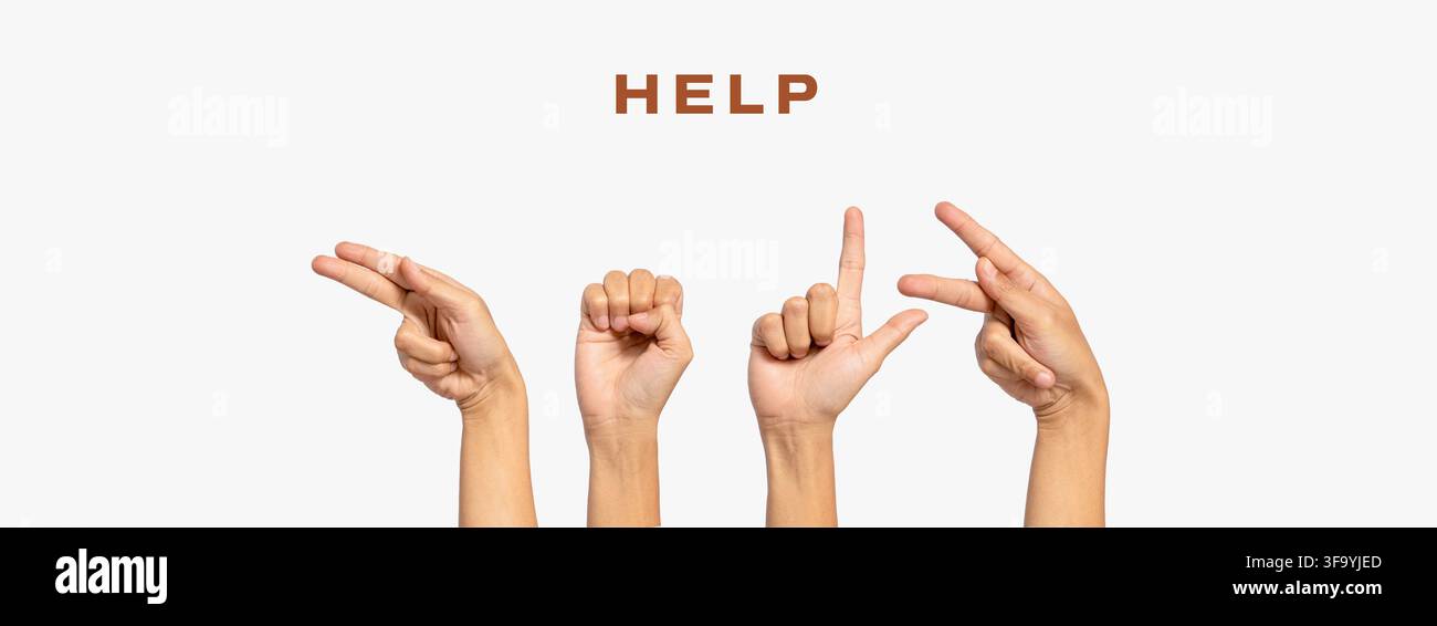 Gehörlosenalphabet-Buchstaben „Hilfe“ mit der Hand. Der Buchstabe „Hilfe“ in der Gebärdensprache, isoliert auf weißem Hintergrund. Die Hände der Menschen waren nach oben erhoben Stockfoto