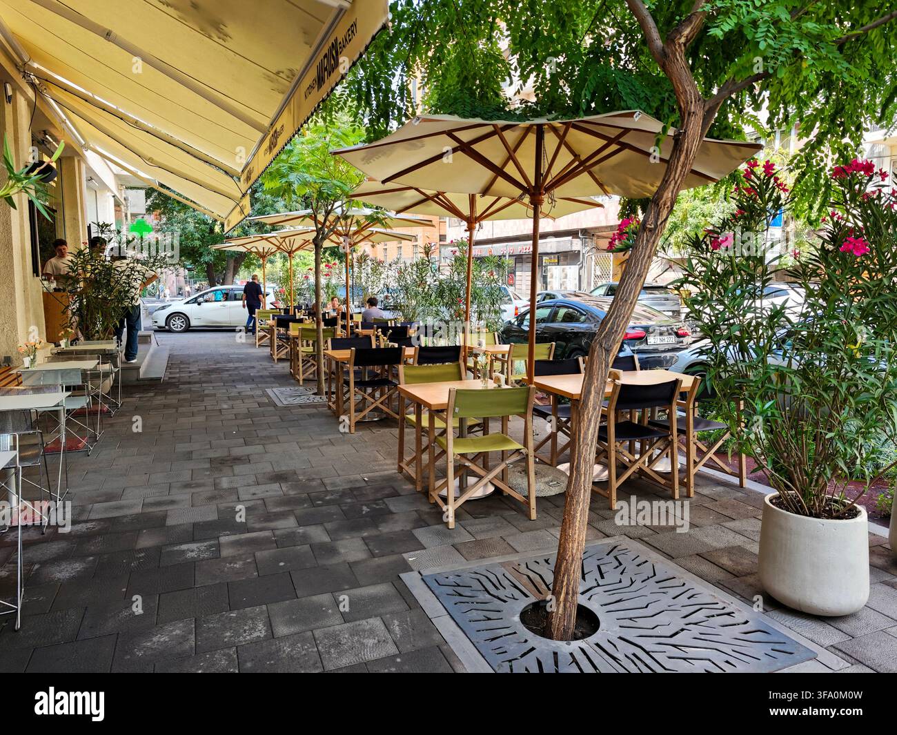 Außenbestuhlung eines Cafés unter beigen Sonnenschirmen entlang einer gepflasterten Straße. Bäume mit grünen Blättern und rosa Blüten in der Nähe. Holzstühle und Tische sind bereitgestellt für Stockfoto