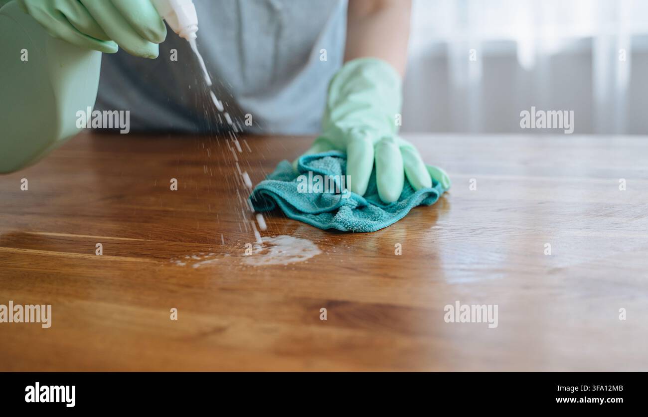 Frau wischt Esstisch mit einem Tuch ab, alltägliche Hausarbeit und ordentliches Zuhause Konzept. Hochwertiges Foto Stockfoto