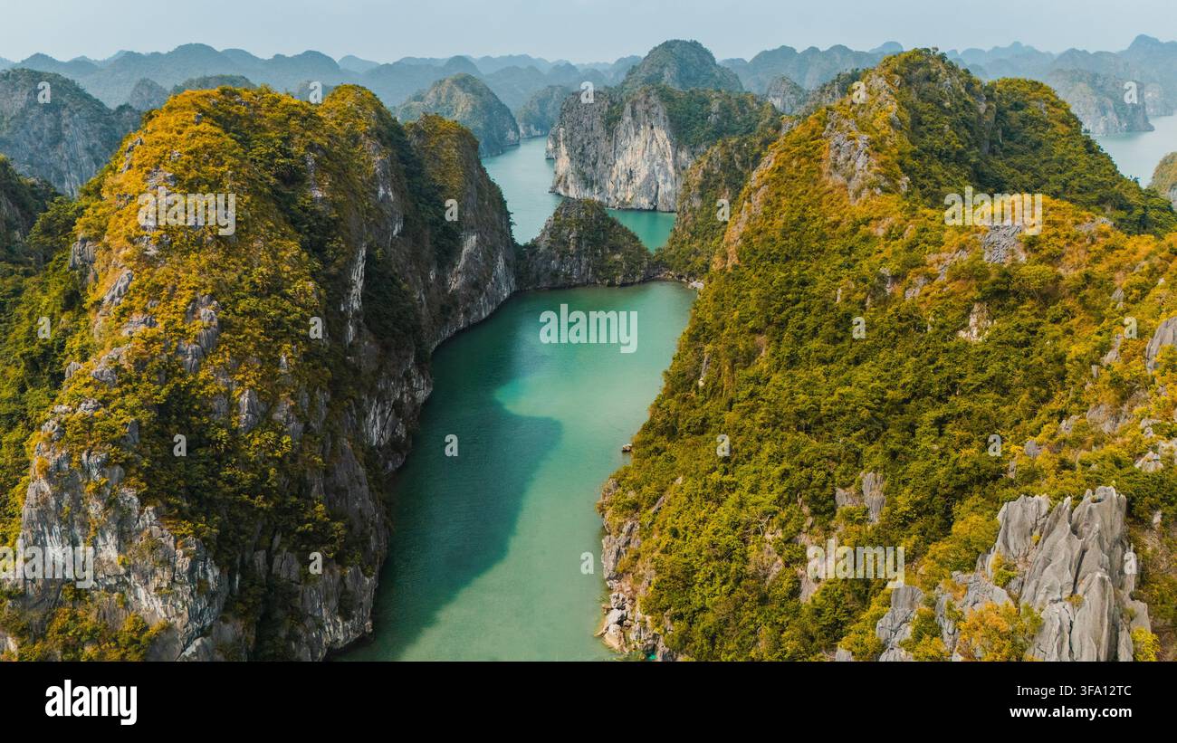 Luftbild von nebligen Kalksteininseln und smaragdgrünem Wasser in der Lan Ha-Bucht, Cat-Ba-Archipel, nahe Hai Phong, Vietnam, das üppige tropische Vegetation offenbart Stockfoto