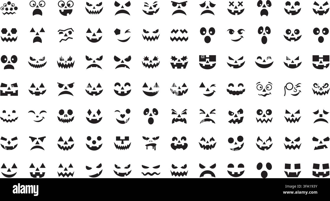 Jack-o'-Lantern-Gesicht-Silhouetten-Set für Kürbisschablonen Stock Vektor