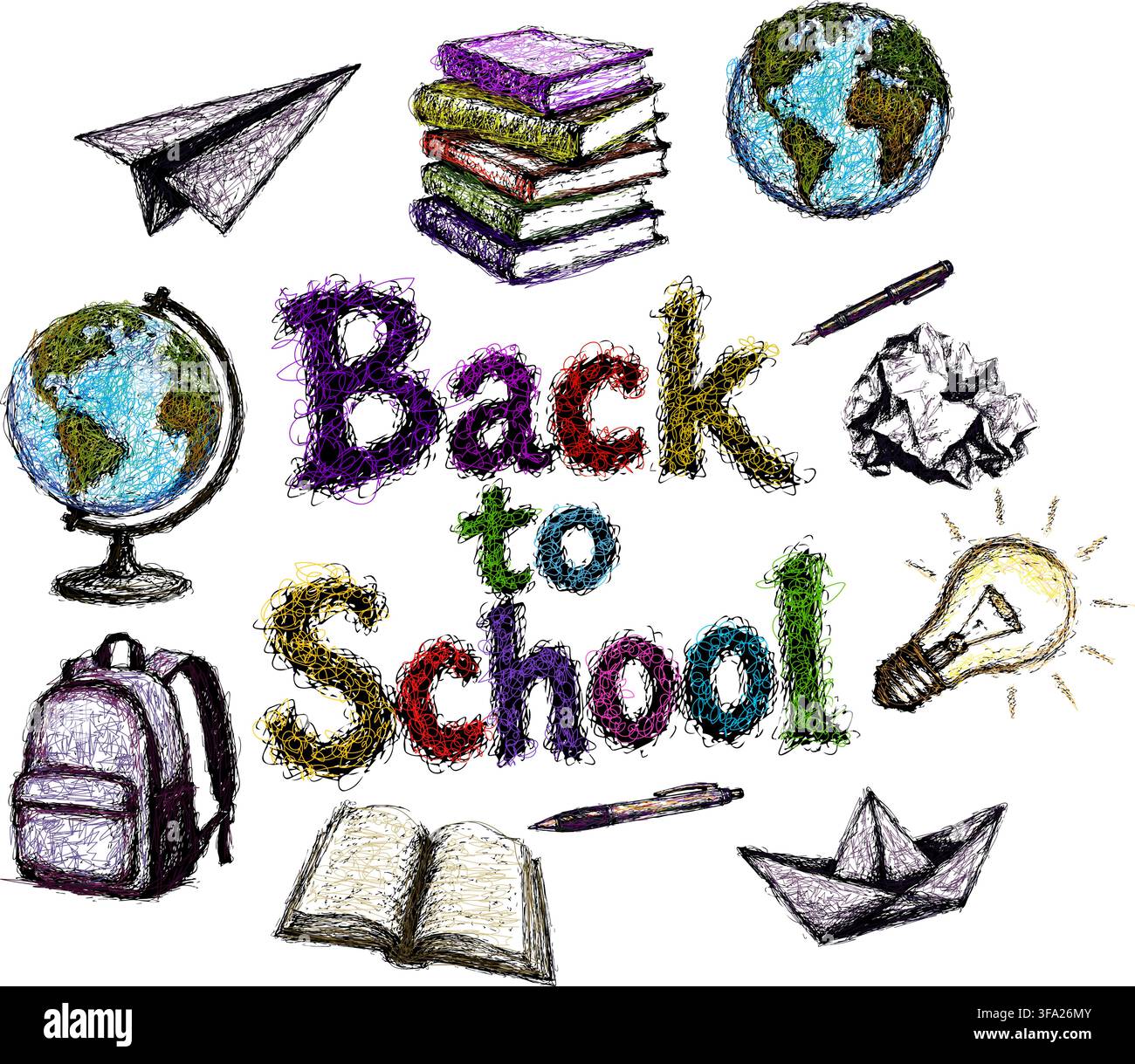 Zurück zur Schule. Satz von Schulgegenständen in Doodle-Stift. Ein Stapel Bücher handgezeichnet. Keine KI, Vektorillustration. Stock Vektor