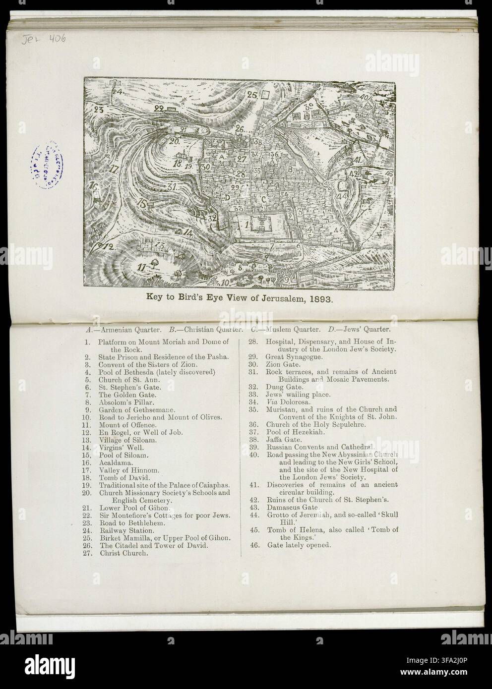 JERUSALEM - 3. MÄRZ 2025 - Vintage kartographische Ansicht von 1893, die die städtische Landschaft Jerusalems, geografische Merkmale und bedeutende Wahrzeichen von Stockfoto