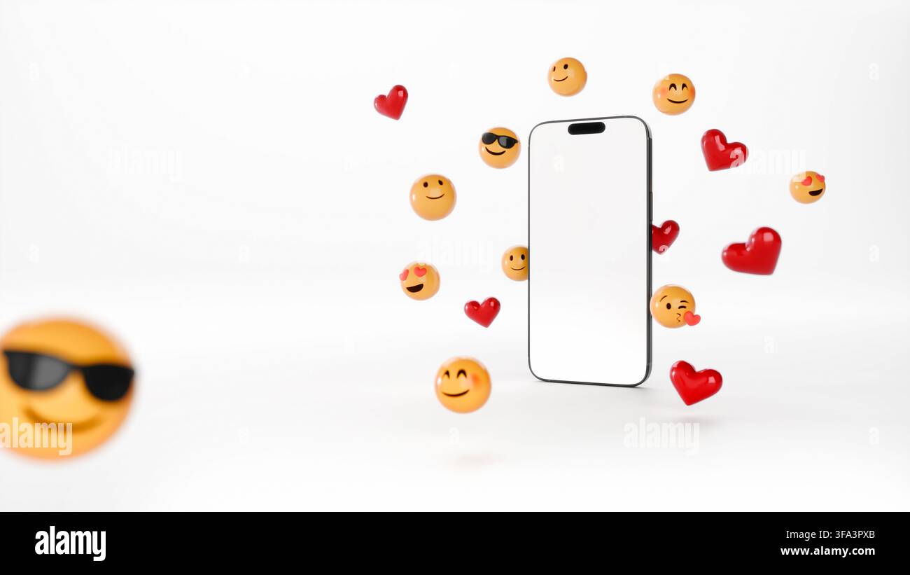 3D-Smartphone-Modell mit leerem Bildschirm, umgeben von bunten Emojis auf weißem Hintergrund. Social-Media-Kommunikationskonzept mit Kopierraum und hoch Stockfoto