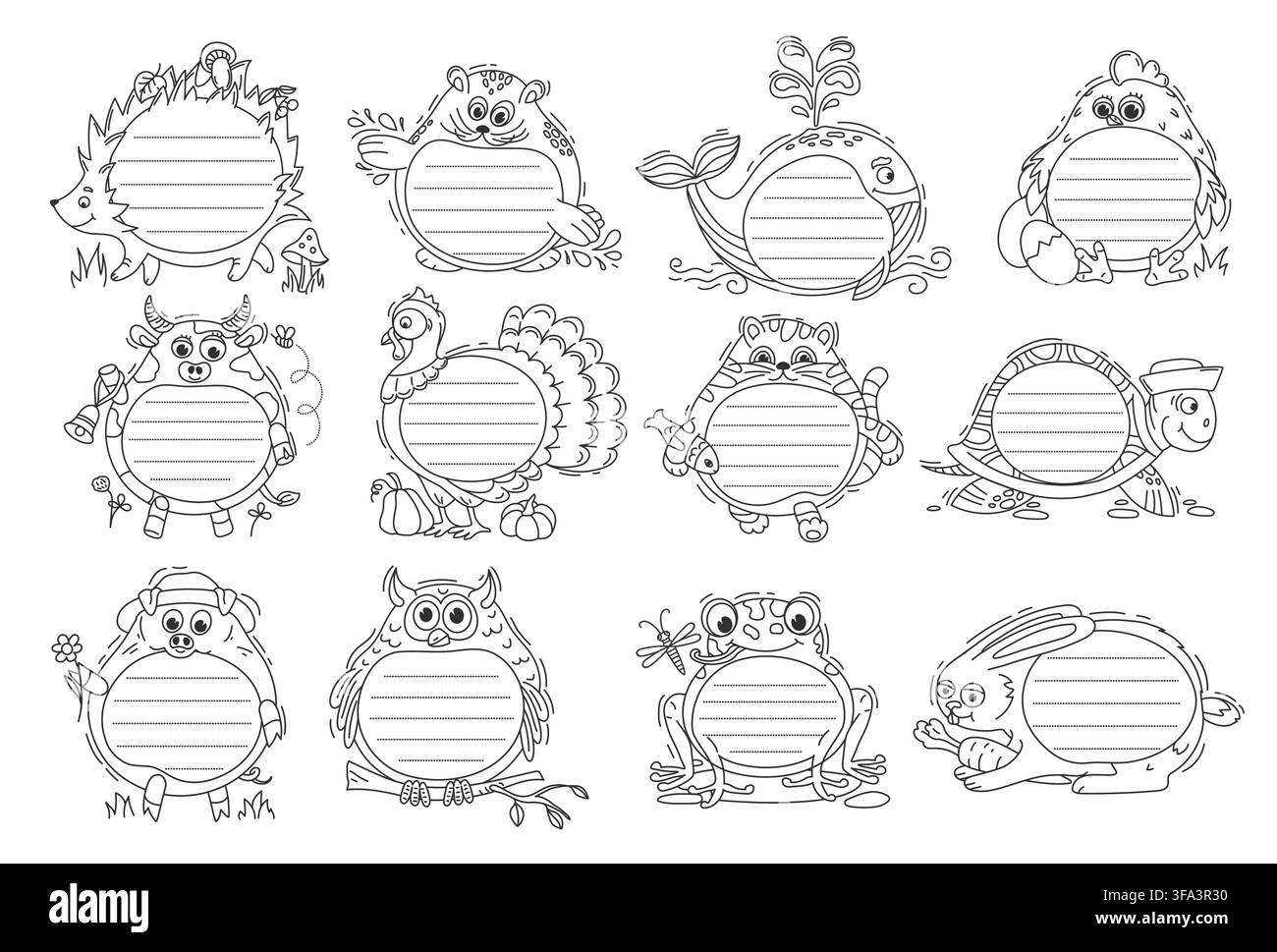 Lustige niedliche Tiere und Vögel Kinder-Memo-Notizenrahmen und Aufkleber. Vektor schwarz-weißer Cartoon-Igel, Hamster, Wal, Huhn, Kuh, Truthahn, Tiger, Schildkröte, Schwein, Eule, Frosch und Kaninchen-Charaktere-Set Stock Vektor