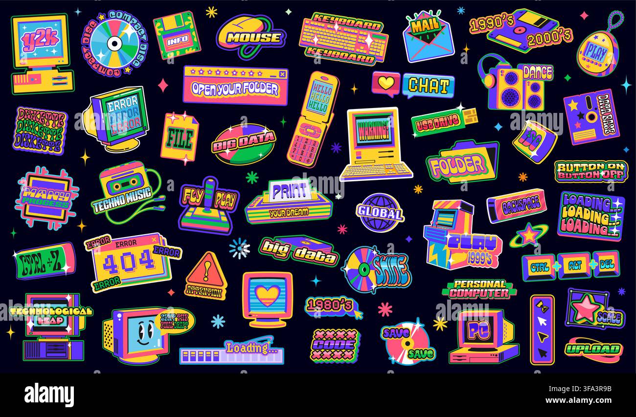 Retro Y2K groovige Computeraufkleber, Vintage-Technologie-Patch-Etiketten von Vektor-Alt-PC, Laptop, Tastatur und Mobiltelefon. Hippie-Desktop-Computer-Emoji, grooviger PC-Bildschirm, Dateien und Ordner-Aufkleber-Set Stock Vektor