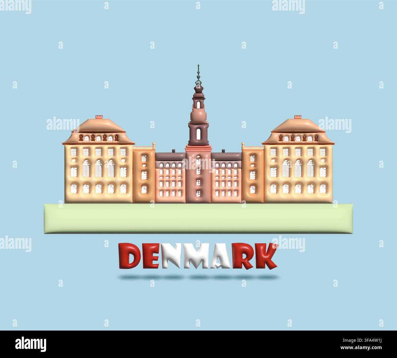 Architekturdenkmal in Dänemark Symbol und Ikone von Kopenhagen und Christiansborg. Schönes Gebäude mit farbenfroher Architektur in 3D-Render-Vektorillustration Stock Vektor