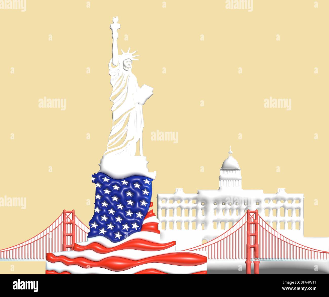 Architekturdenkmal in Amerika, Symbol und Ikone von San Francisco und New York. Schöne Gebäudearchitektur, farbenfroh in 3D-Render-Vektor-Illustration Stock Vektor