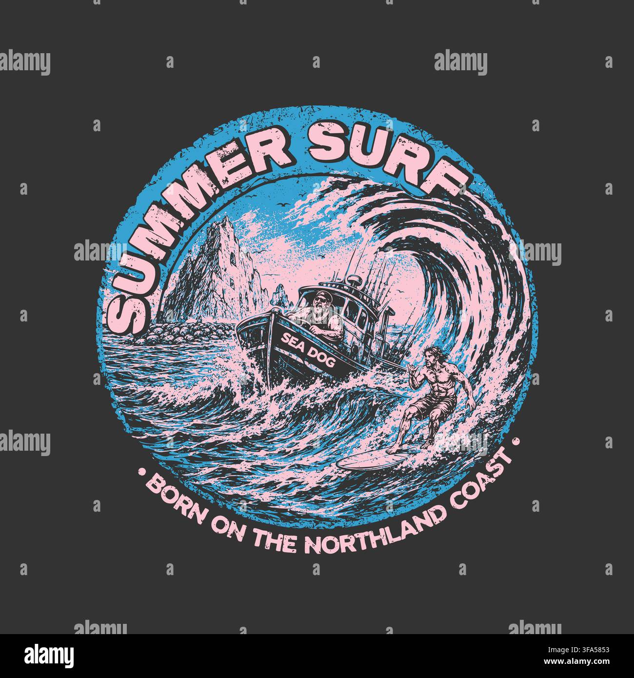 Vom Vintage inspirierte Sommer-Surf-Illustration, die die raue Nordküste Neuseelands feiert. Zeigt eine mächtige Meereswelle, alte Angelbo Stock Vektor