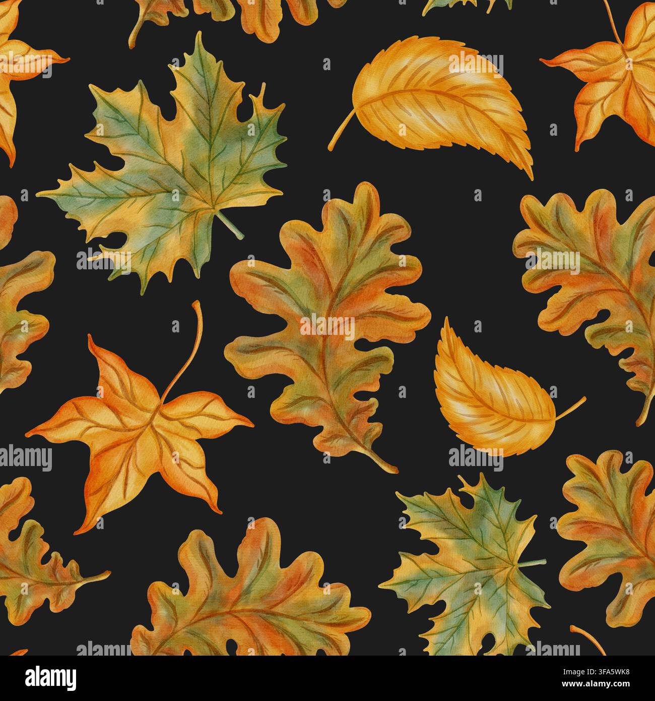 Nahtloses Aquarellmuster von Herbstblättern. Handgezeichneter Hintergrund mit bunten Ahorn- und Eichenlaub. Warme Herbsttextur, perfekt für Schuldekorateure Stockfoto