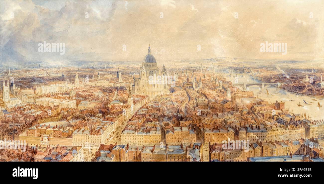 Luftaufnahme und Stadtbild von London Mitte des 19.. Jahrhunderts vom Kirchturm der St. Bride's Church in der Fleet Street mit Blick nach Osten zur St. Paul's Cathedral, Bleistift mit Stift und brauner Tinte unter einem Aquarell von Thomas Allom, um 1840 Stockfoto