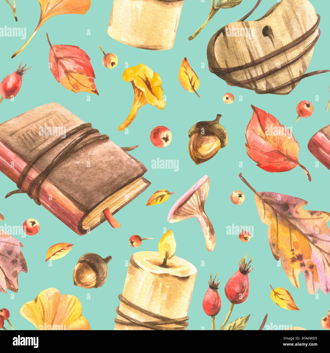 Herbstlaubfall mit Blättern, Beeren und gemütlicher Dekoration, einem Kerzenbuch und einem Herzen. Handgezeichnete Aquarellillustrationen. Ein einfaches nahtloses Muster auf einem Stockfoto