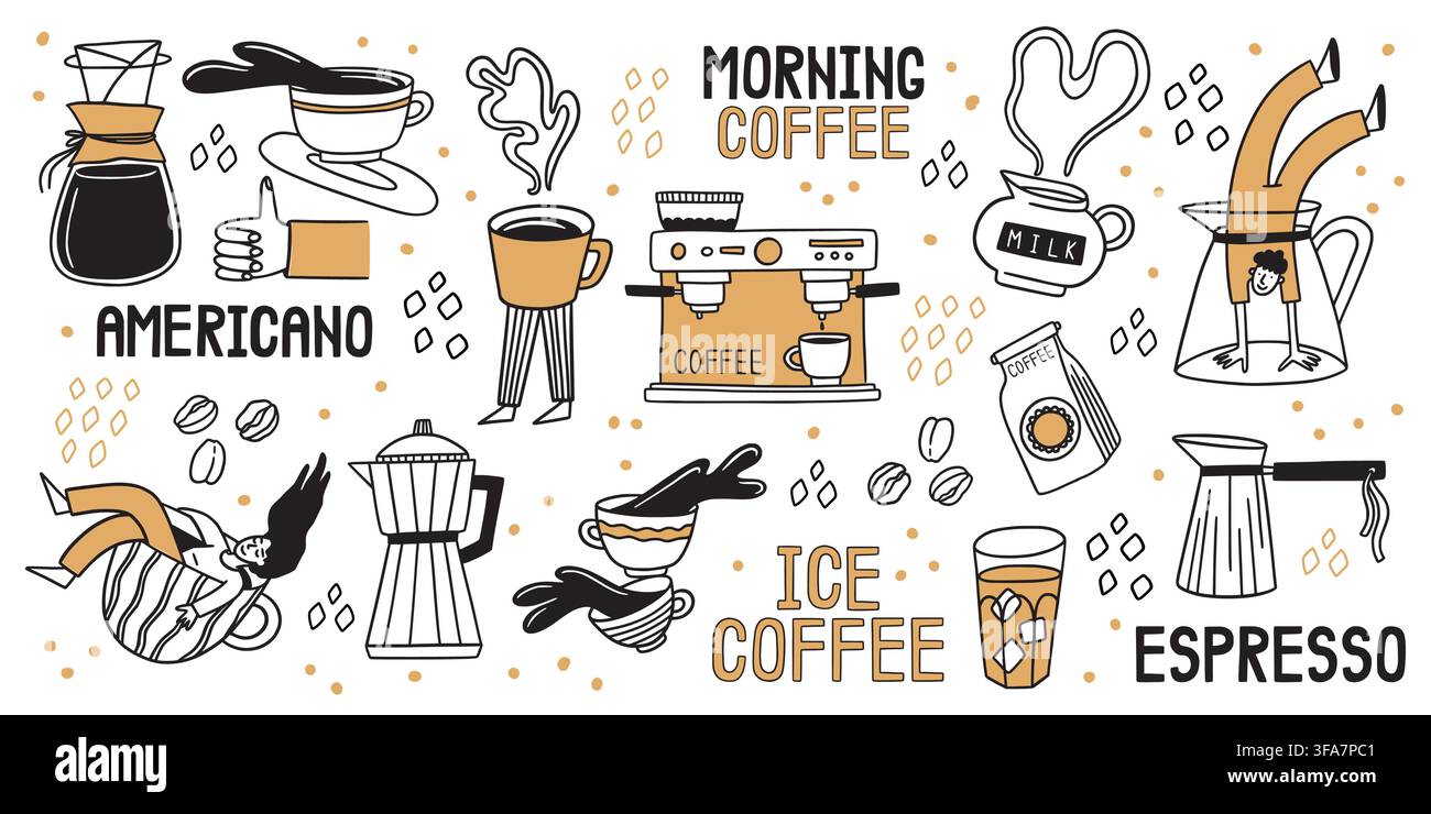 Kaffee-Symbole. Café-Shop-Charakter, Essen und Tassen-Kunst-Aufkleber-Set für handgezeichnete Speisekarten oder Poster. Niedliche Latte-Tasse und Bohne. Morgengetränke-Zubereitung. Vektor-Design Cartoon flach isolierte Illustration Stock Vektor
