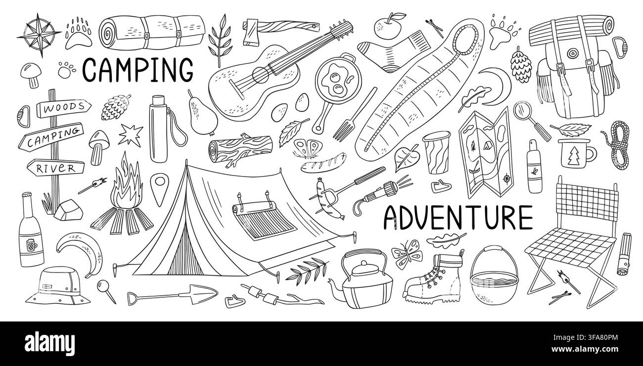 Sommercamp. Abenteuer mit Gitarre, Rucksack und Wintercamp. Waldbrand, Wanderurlaub auf Bergstraßenkarte. Handgezeichnetes Outdoor-Reise-Symbol. Natursymbol-Vektorskizzenstil isolierte Illustration Stock Vektor