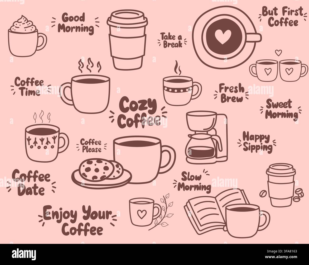 Handgezeichnete Kaffee-Doodle-Sammlung mit Tassen, Kaffee zum Mitnehmen, Kaffeemaschine, Keksen, Bohnen, Buch und gemütlichem Kaffee-Schriftzug. Stock Vektor
