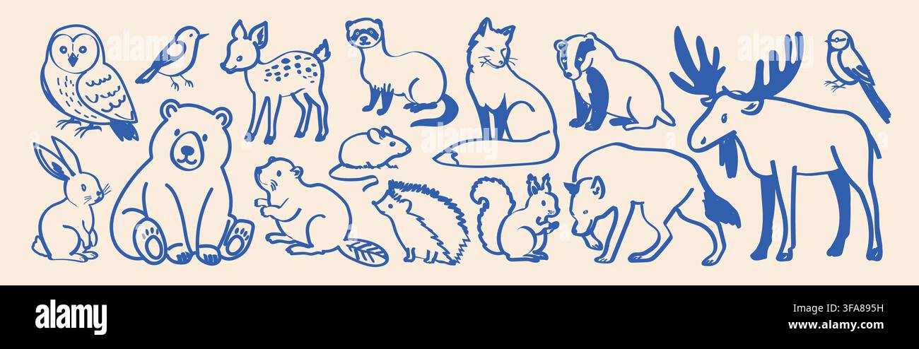 Waldtier-Clipart-Set mit süßem Bären, Fuchs, Hirsch, Elch, Eule und Igel im blauen Doodle-Linienstil für Kinderbekleidungsdruck und Kinderzimmer Stock Vektor
