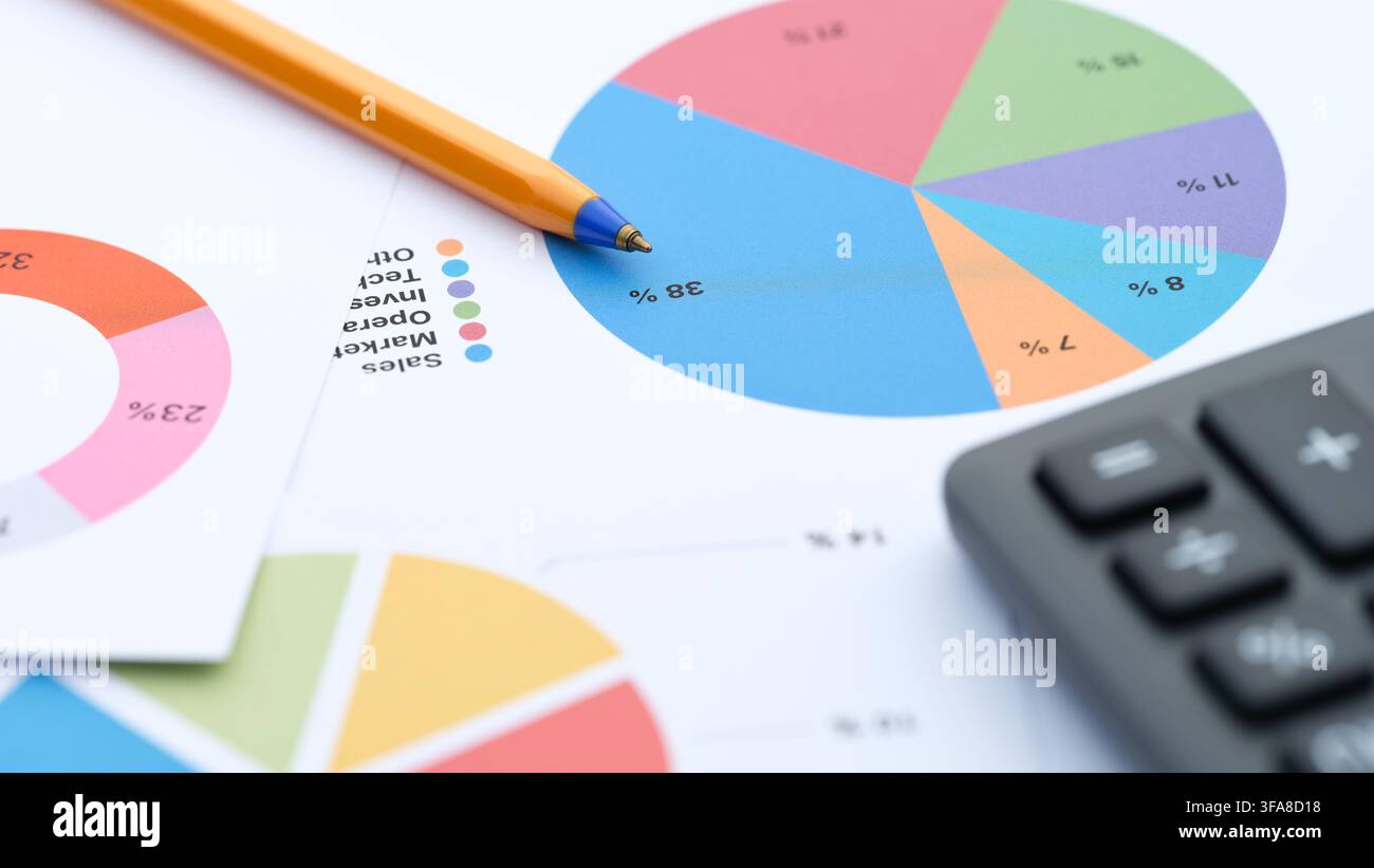 Eine Nahaufnahme von Finanzdokumenten mit bunten Kreisdiagrammen, einem gelben Kugelschreiber und einem Taschenrechner. Stockfoto