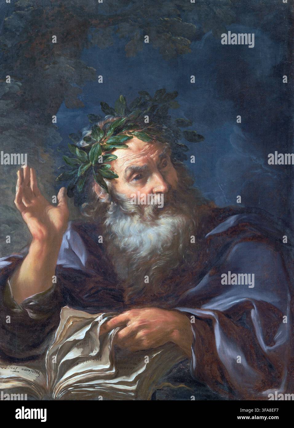Ein Ölgemälde, das Homer darstellt. Datum: 1665-1668. von Girolamo Troppa, einem italienischen Maler der Barockzeit, der hauptsächlich sakrale Motive malte. Homer, möglicherweise geboren um 8. Jahrhundert v. Chr., war ein antiker griechischer Dichter, dem traditionell die Autorschaft der Ilias und der Odyssee, zweier epischer Gedichte, zugeschrieben wird, die grundlegende Werke der antiken griechischen Literatur sind. Stockfoto