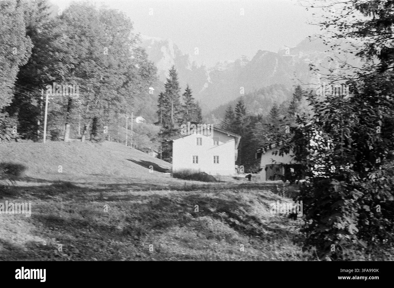 Ein Vintage-Schwarz-Weiß-Filmfoto eines ländlichen Almhauses, das zwischen immergrünen Bäumen eingebettet ist, mit nebligen Berggipfeln im Hintergrund. Stockfoto