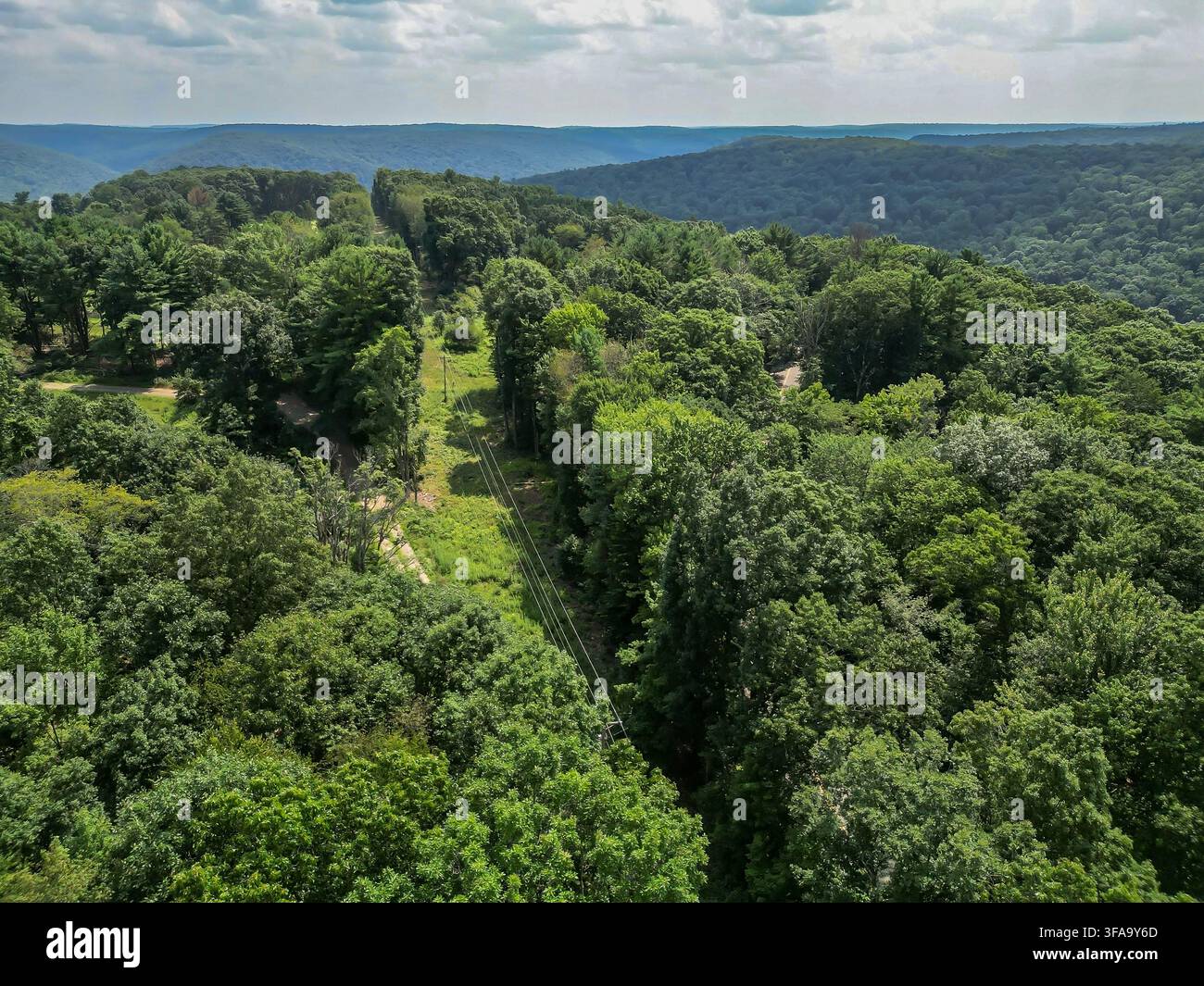 Luftbild eines Versorgungskorridors, der sich durch dichten Wald und sanfte Hügel in Warren County, Pennsylvania, USA an einem sonnigen Sommertag schneidet Stockfoto