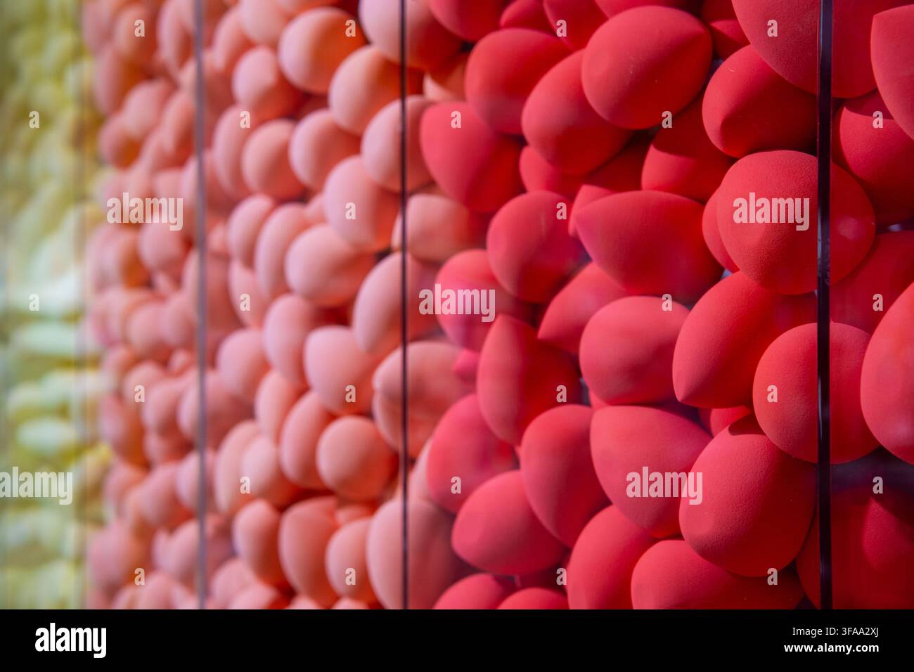 Dichte Anordnung von roten, rosa und gelben Make-up-Schwämmen, gestapelt hinter Glasplatten. Kosmetikwerkzeuge, Einzelhandelspräsentation, Beauty-Produkte-Konzept. Stockfoto