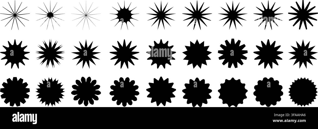Satz von schwarzen Stern-Icons. Sternformen-Sammlung. Minimalistisches einfaches Sternen-Paket. Weihnachtliche Sternobjekte isoliert auf transparentem Hintergrund. Vektor-PNG Stock Vektor
