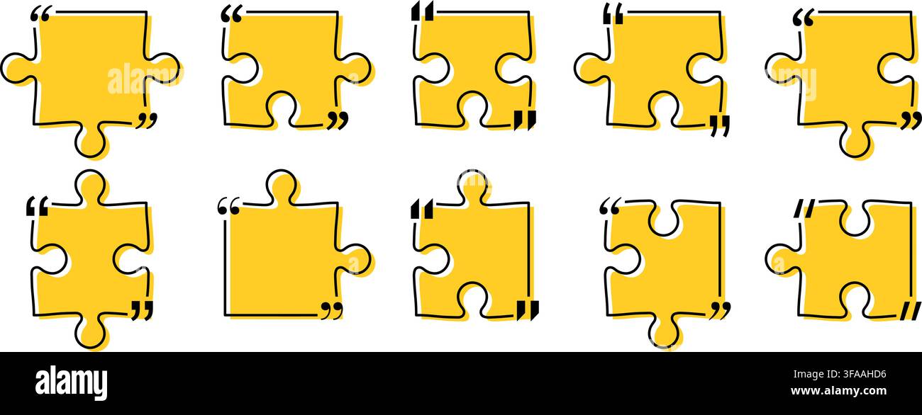 Zitatbox-Titelpack isoliert. Gelbe puzzlestil Redeanführungszeichenrahmen. Textgesprächs-Informationsnachrichtenfeldrahmen. Dialogzeichen Redeanführungszeichen-Symbol. V Stock Vektor