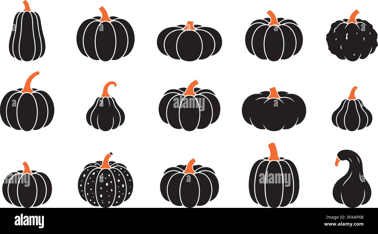 Satz von 15 schwarzen Kürbissilhouetten mit orangefarbenen Stielen, Vektor-Icons von Kürbissen und Zucchini isoliert auf weißem Hintergrund, Herbsternte und Halloween el Stock Vektor
