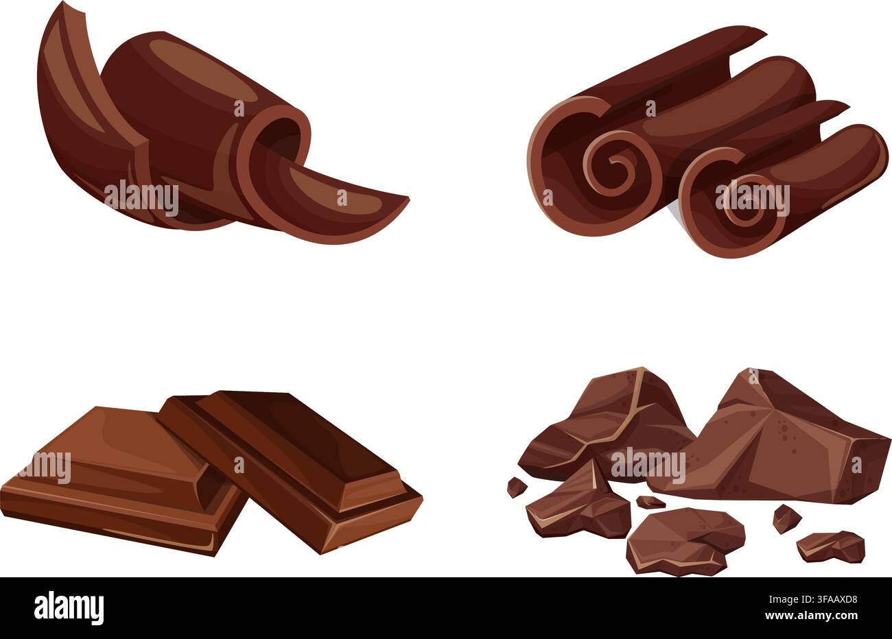 Illustrationsset mit verschiedenen Schokoladenstücken, Riegeln, Locken und Brocken in satten Brauntönen, perfekt für Lebensmittel, Desserts, Backen und Konditorei-Themen Stock Vektor
