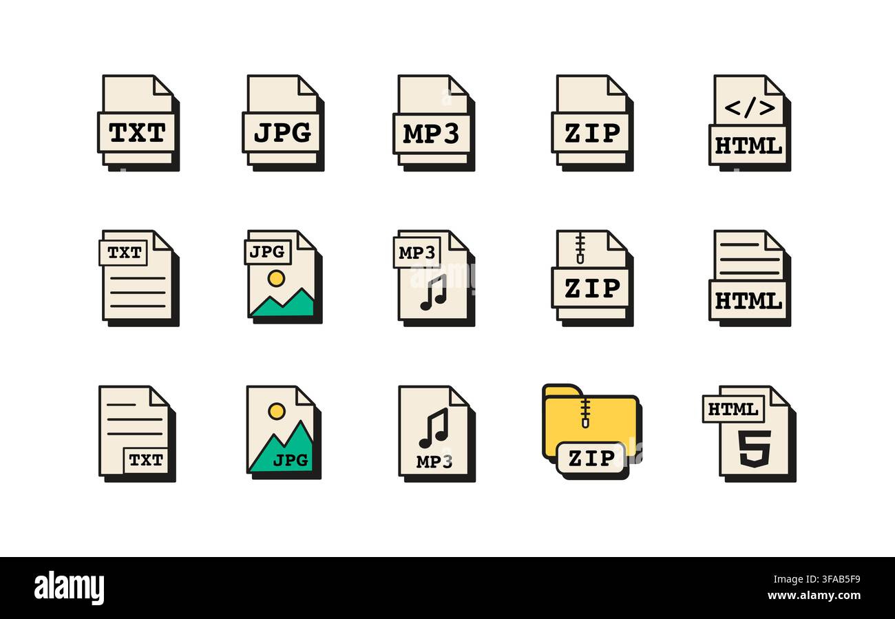 Satz von Dateierweiterungssymbolen im Retro-Old-School-Stil digitaler Benutzeroberfläche. TXT-, MP3-, ZIP- und HTML-Formate für verschiedene Datentypen. Flacher Stil-Vektor Stock Vektor