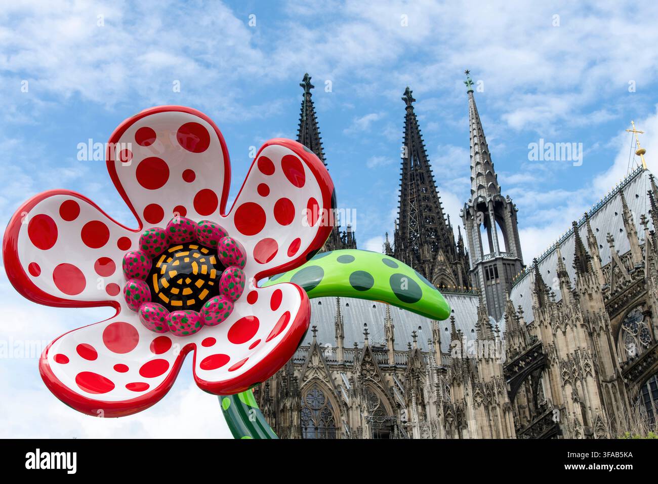 Köln, Deutschland – 3. Juni 2026: Yayoi Kusamas monumentale Blumenskulptur, die auf dem Dach des Museum Ludwig installiert ist, mit den gotischen Türmen des Kölner Doms Stockfoto