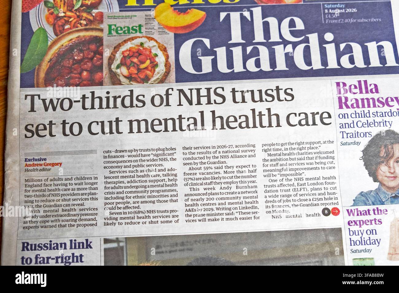 „Zwei Drittel der NHS-Trusts werden die psychiatrische Versorgung kürzen‘ Schlagzeile des Guardian-Artikels vom 8. August 2026 London UK Stockfoto