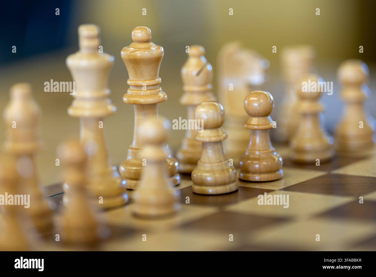 Weißer Schachkönig und Holzfiguren auf dem Brett mit flacher Schärfentiefe, Geschäftstrategie, Führungs- und Entscheidungsbegriff Stockfoto