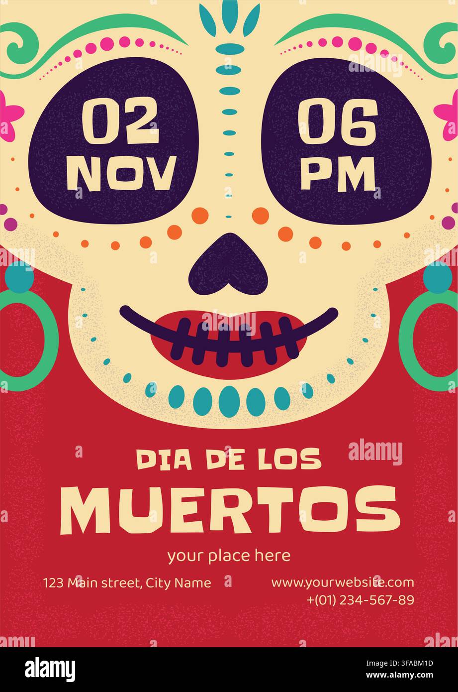 Einladungsplakat für die Día-de-los-Muertos-Party mit Zuckerschädel, Datum 2. November und farbenfrohem Design zum Tag der Toten Stock Vektor