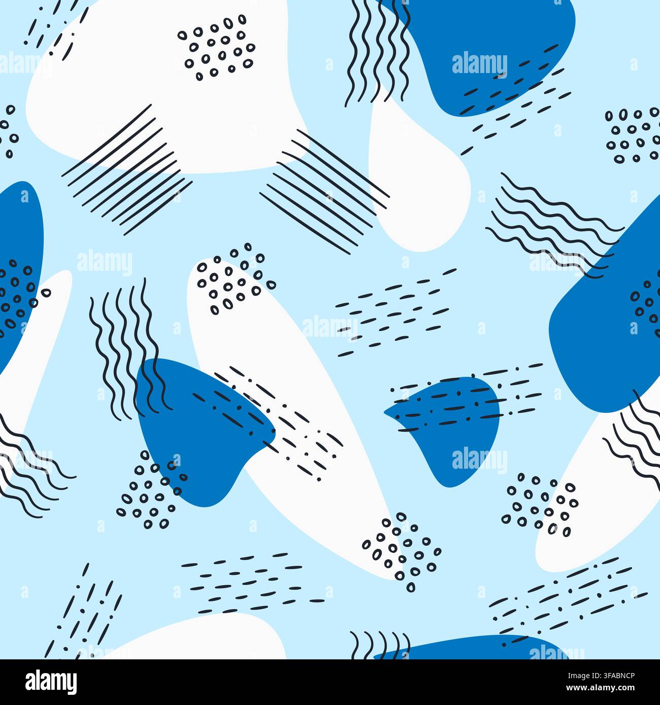Abstrakter Hintergrund aus gezeichneten Punkten, Streifen und Punkten in blauer Farbe. Helles nahtloses Muster. Doodle gepunktete Wellenlinien Stock Vektor