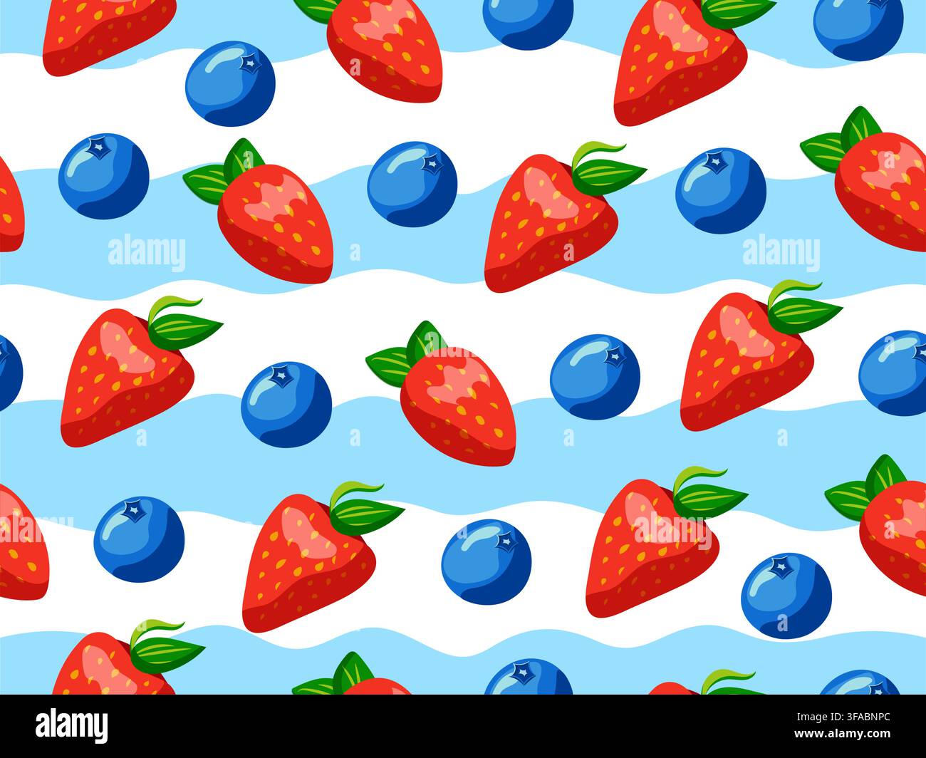 Nahtloses Muster mit Beeren auf einem Hintergrund aus blauen Streifen. Erdbeeren und Blaubeeren. Muster für Joghurt Stock Vektor