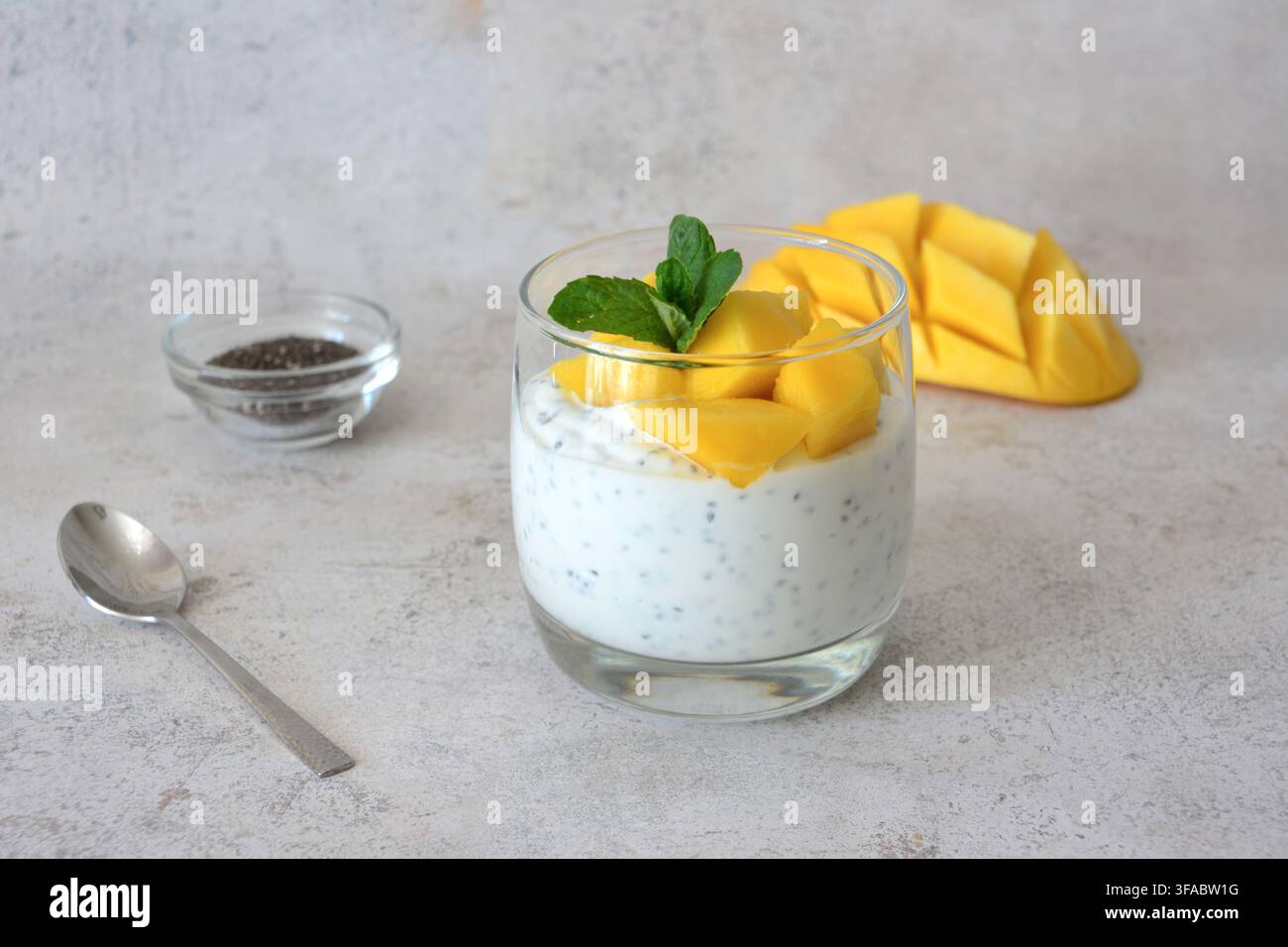 Chia-Pudding mit frischem Mangofrucht und Minzblättern auf grauem Hintergrund Kopierraum Stockfoto
