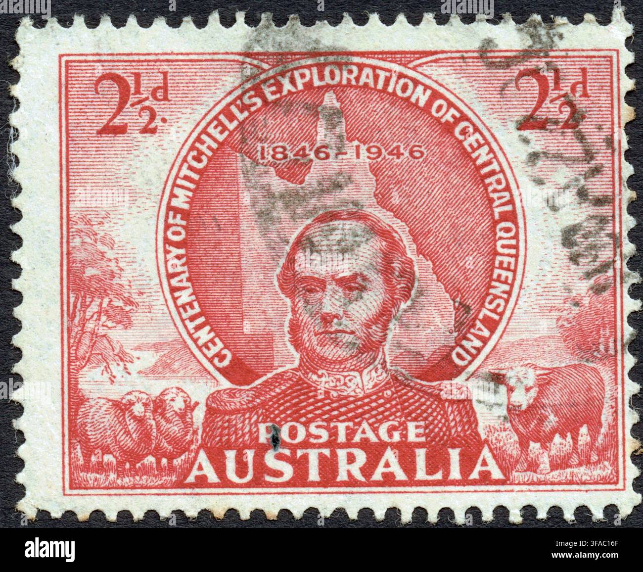 1946 Australien 2½d rote Briefmarke, Centenarium von Mitchells Erkundung von Zentral-Queensland 1846-1946 Stockfoto