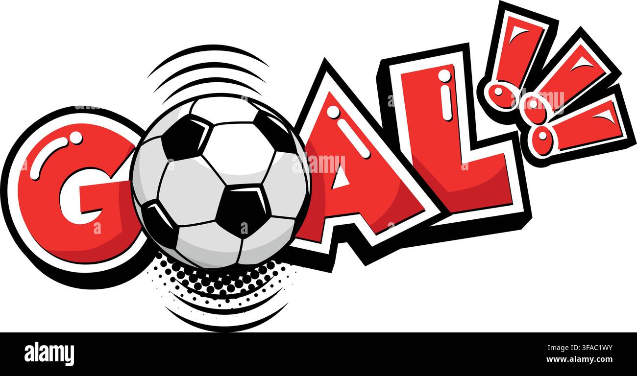 Comic-Ikone für Fußball-Tor. Fußballball und Schriftzug in einer Sprechblase. Vektor-Aufkleber-Vorlage auf transparentem Hintergrund Stock Vektor