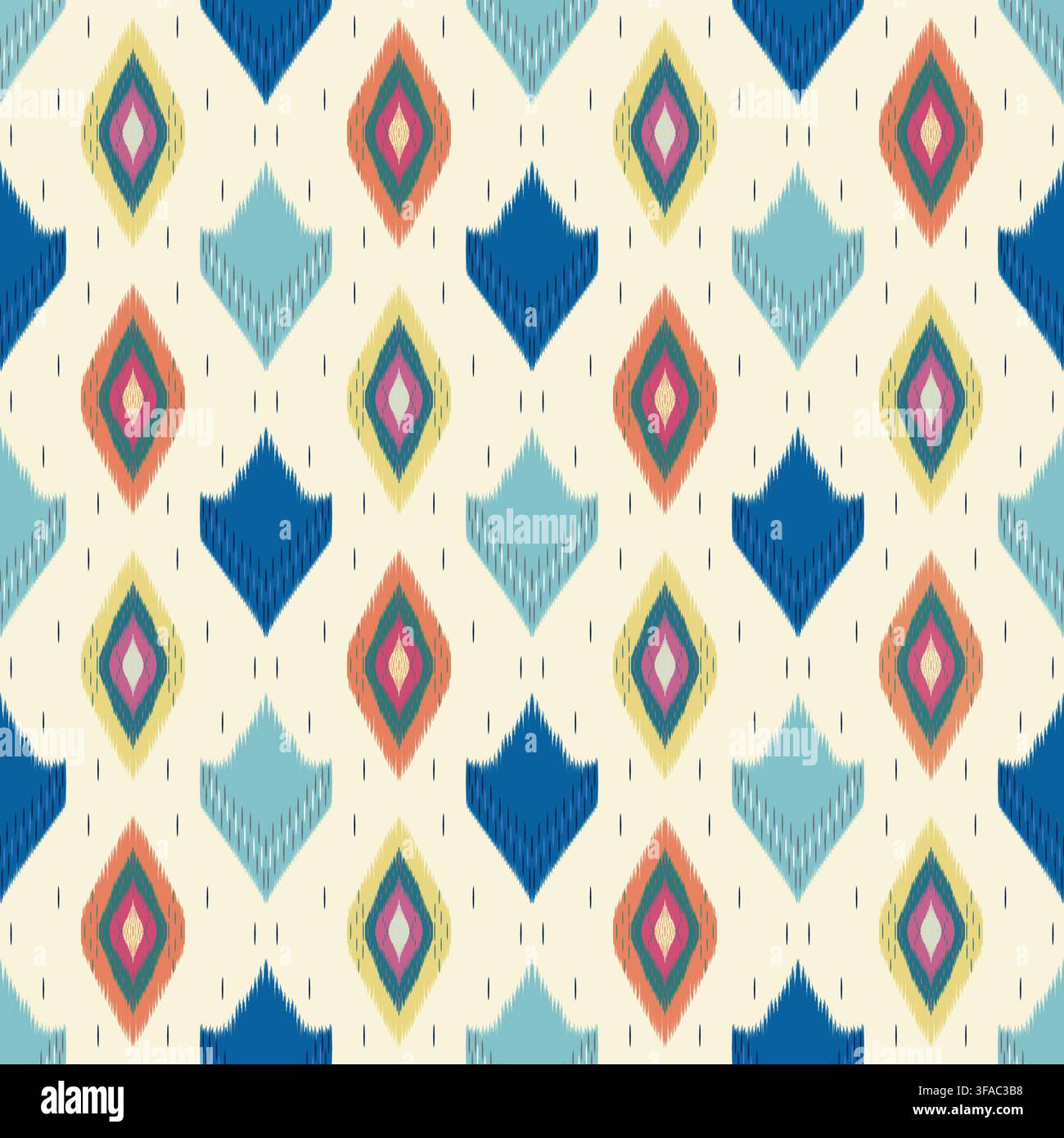 Farbenfrohes Ikat-Geometrisches Diamant-Pfeilspitzen-Muster auf hellgelbem Hintergrund. Stockfoto