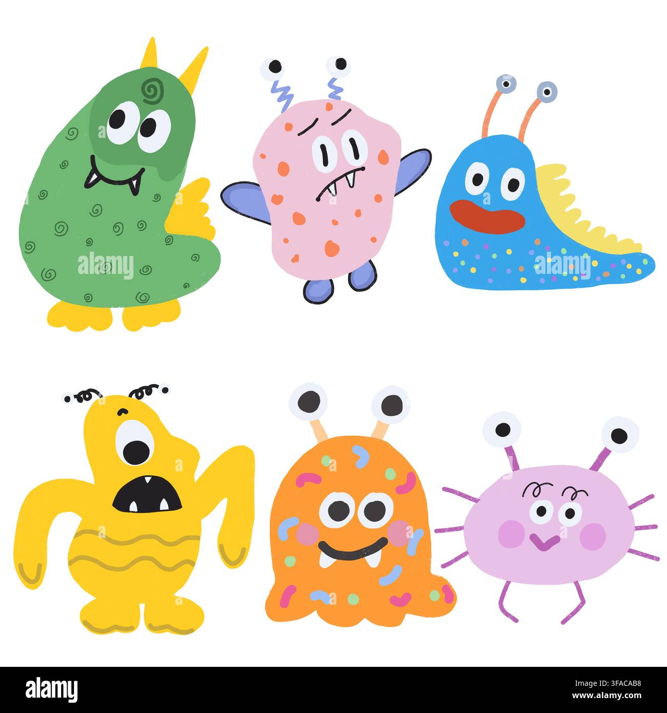 Satz von sechs niedlichen handgezeichneten Cartoon-Monstern in hellen Farben mit lustigen Gesichtern und großen Augen, verspielte Kindercharaktersammlung. Stockfoto