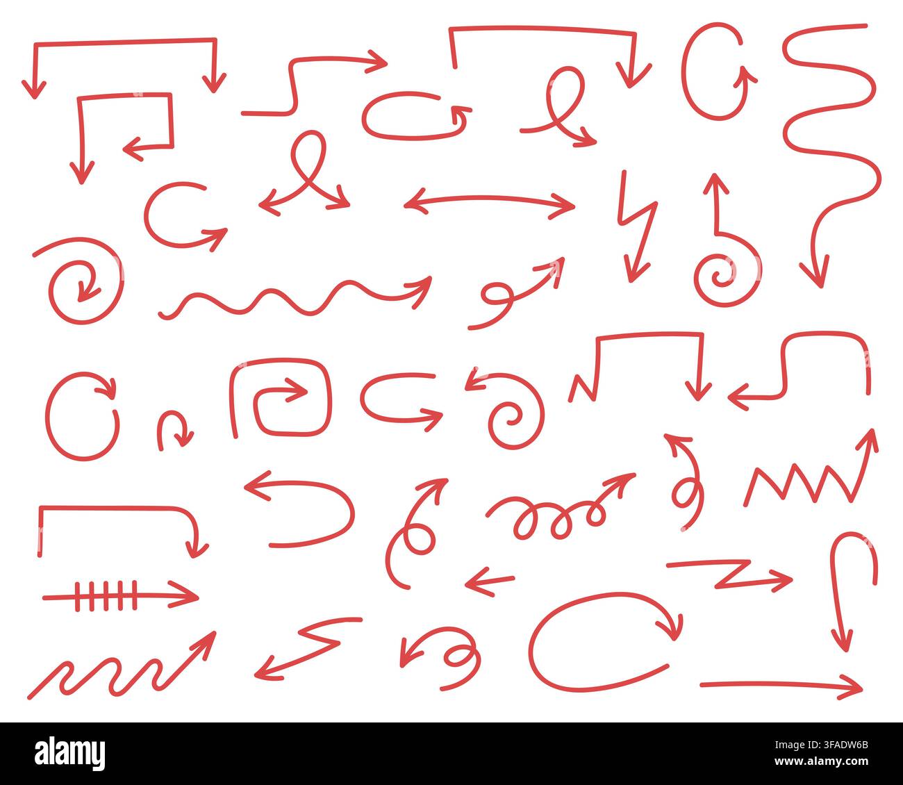 Rot mit der Hand gezeichnete Pfeile, isoliert auf weißem Hintergrund. Doodle-Skizze Richtungspfeile, Spirale, gebogene und Schleifenpfeile für Geschäftspräsentationen, Hervorhebungen und Design. Stock Vektor