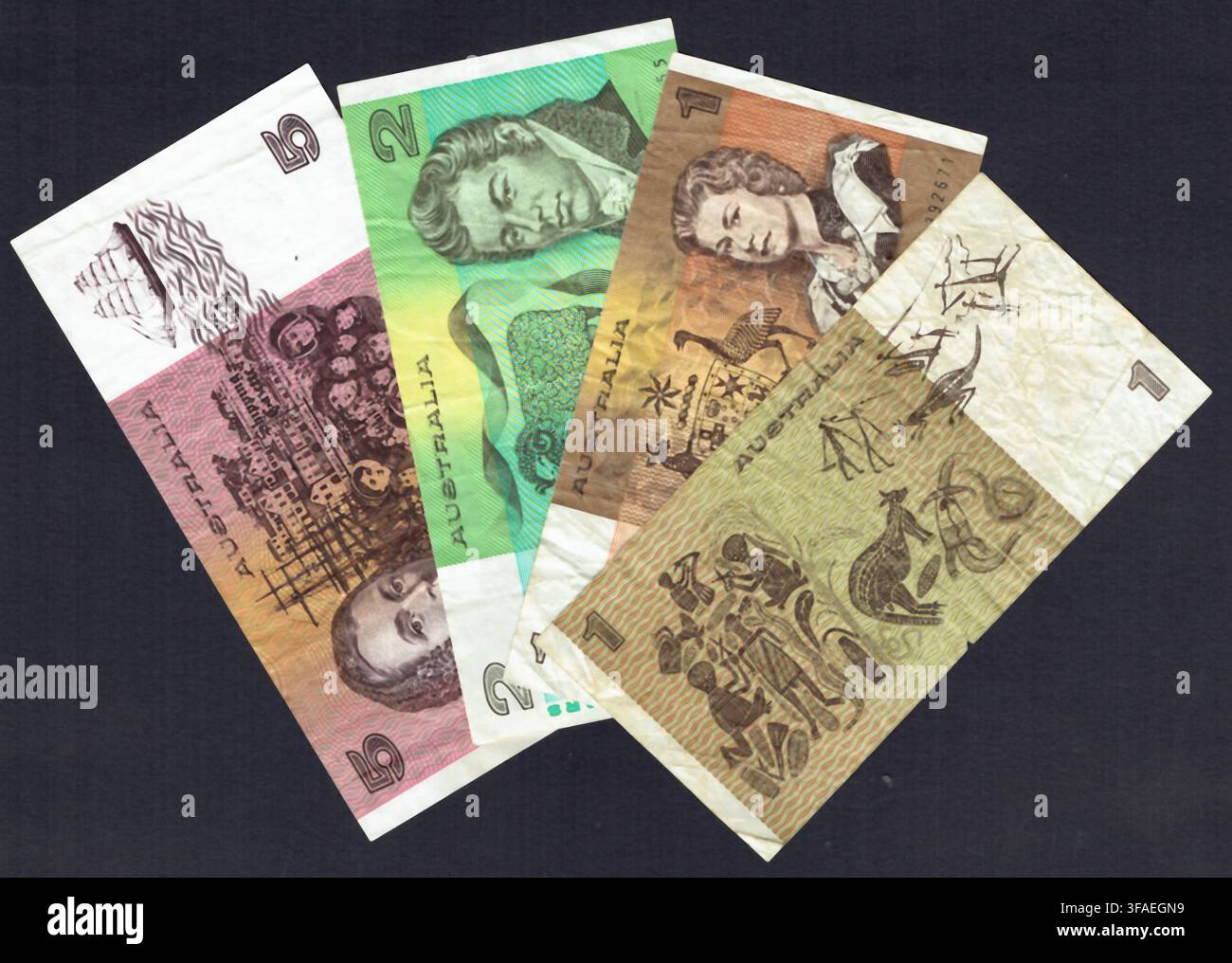 Vintage-Auswahl australischer Papiergeldscheine mit Ein-, Zwei- und Fünf-Dollar-Noten Stockfoto