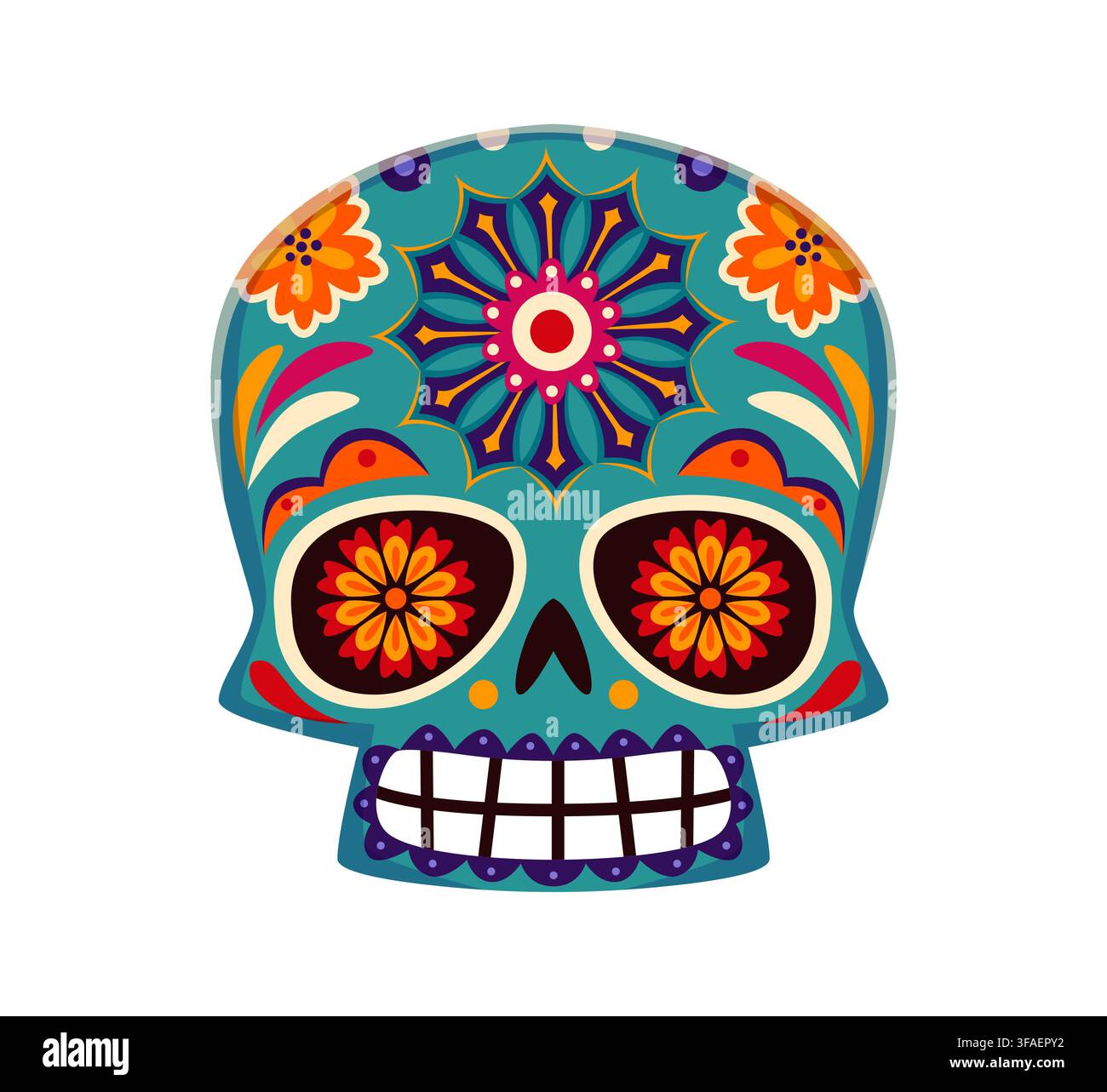 Cartoon-Calavera mexikanischer Zuckerschädel mit Mandala Stock Vektor