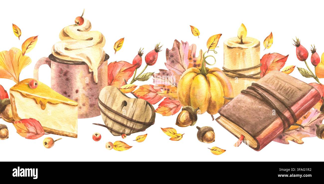 Herbstliches Aquarell-Stillleben mit Kürbis, Kuchen, Kaffee, Kerze, Blättern, Beeren, Eicheln und Buch. Gemütliche Erntedekoration für saisonales Verkaufsbanner Stockfoto