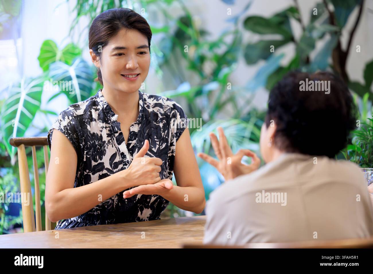 Zwei koreanische Frauen, die während eines freundlichen Gesprächs mit Gebärdensprache kommunizieren Stockfoto